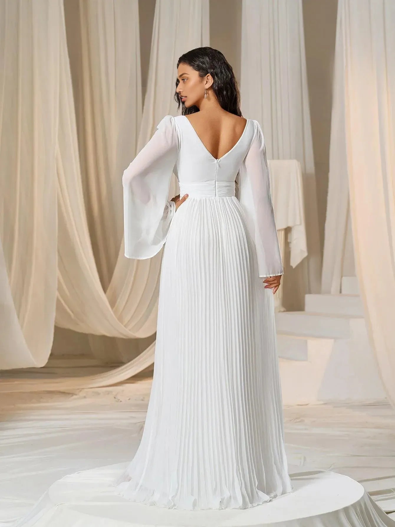 Modern A-Line Plunging Neck Flared Sleeves Zipper Up Floor-Length Prom Dress